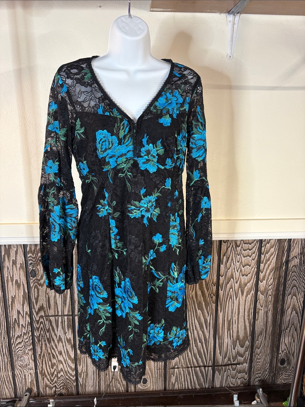 Nanette Lepore Black Lace Long Sleeve Dress with Teal Blue Floral Embroidery